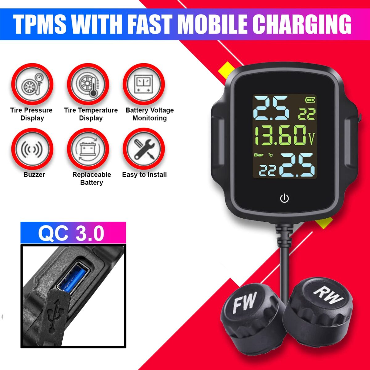 LCD screen of motorcycle TPMS displaying tire and battery data.