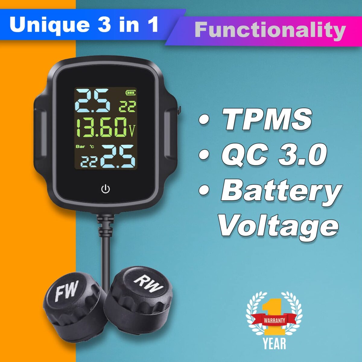 Motorcycle tire management system featuring LCD display.