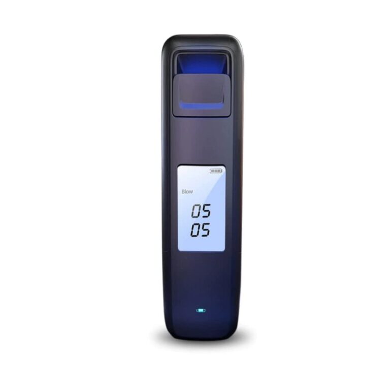 Close-up view of the amiciSense Non-Contact Alcohol Breath Analyzer, showcasing its sleek design and LED display, with USB charging port visible.