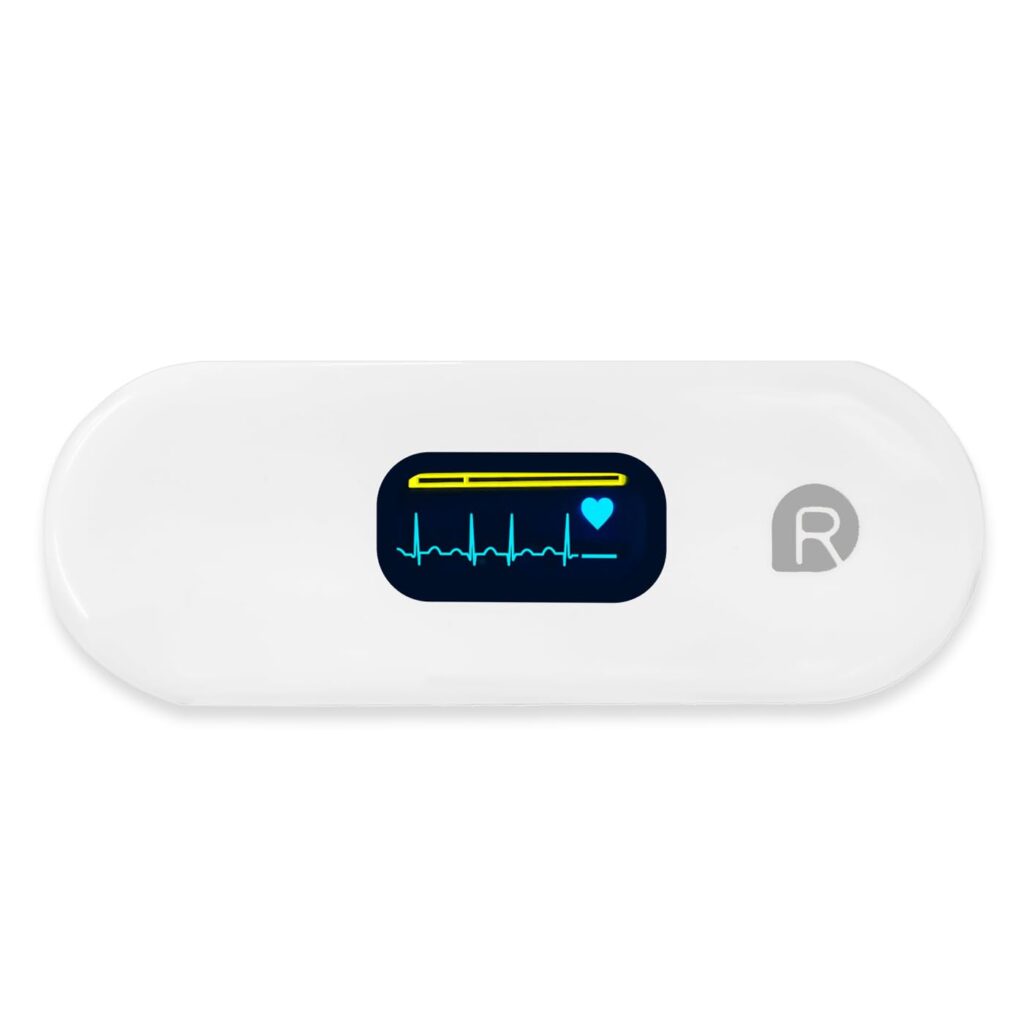 Close-up of amiciCare Wireless ECG Monitor with OLED display and Type-C charging port.