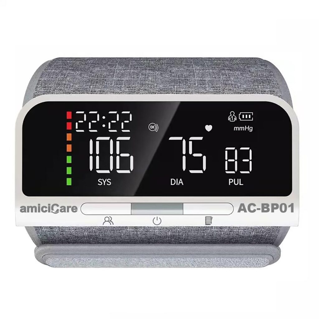 amiciCare Seamless Arm Blood Pressure Monitor with Bluetooth App - Rechargeable BP Machine Stores 240 Readings for 2 Users, Color Indicators