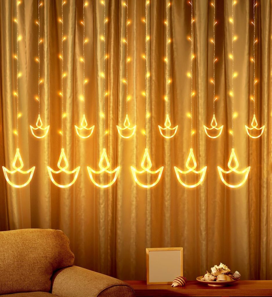 amiciCare Plastic Diya Curtain String Light, Decorative Light With 138 Leds And 8 Lighting Modes For Festive Home