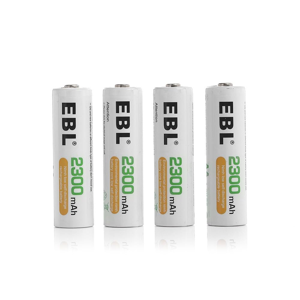 "EBL 2300mAh AA Rechargeable Batteries with low self-discharge and safety assurance."