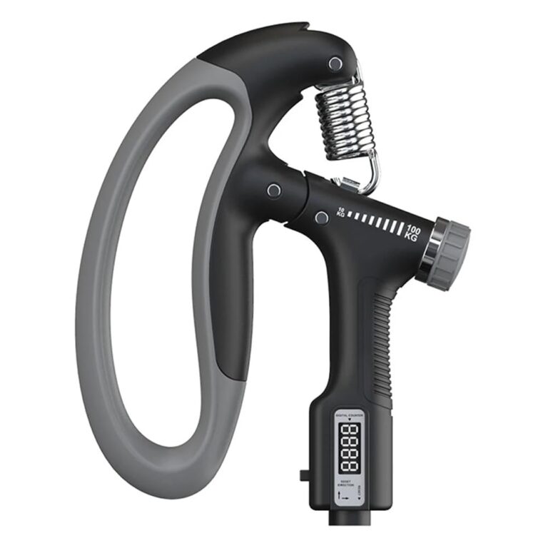 A hand gripping an amiciCare Adjustable Hand-Grip Exerciser with a built-in counter, featuring a 4mm carbon steel spring and adjustable resistance from 10 to 100kg.